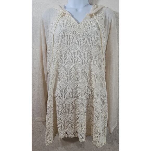 New Directions Cream Beige Lace Overlay Slub Knit Hoodie Top XL Lightweight Soft - Picture 1 of 5